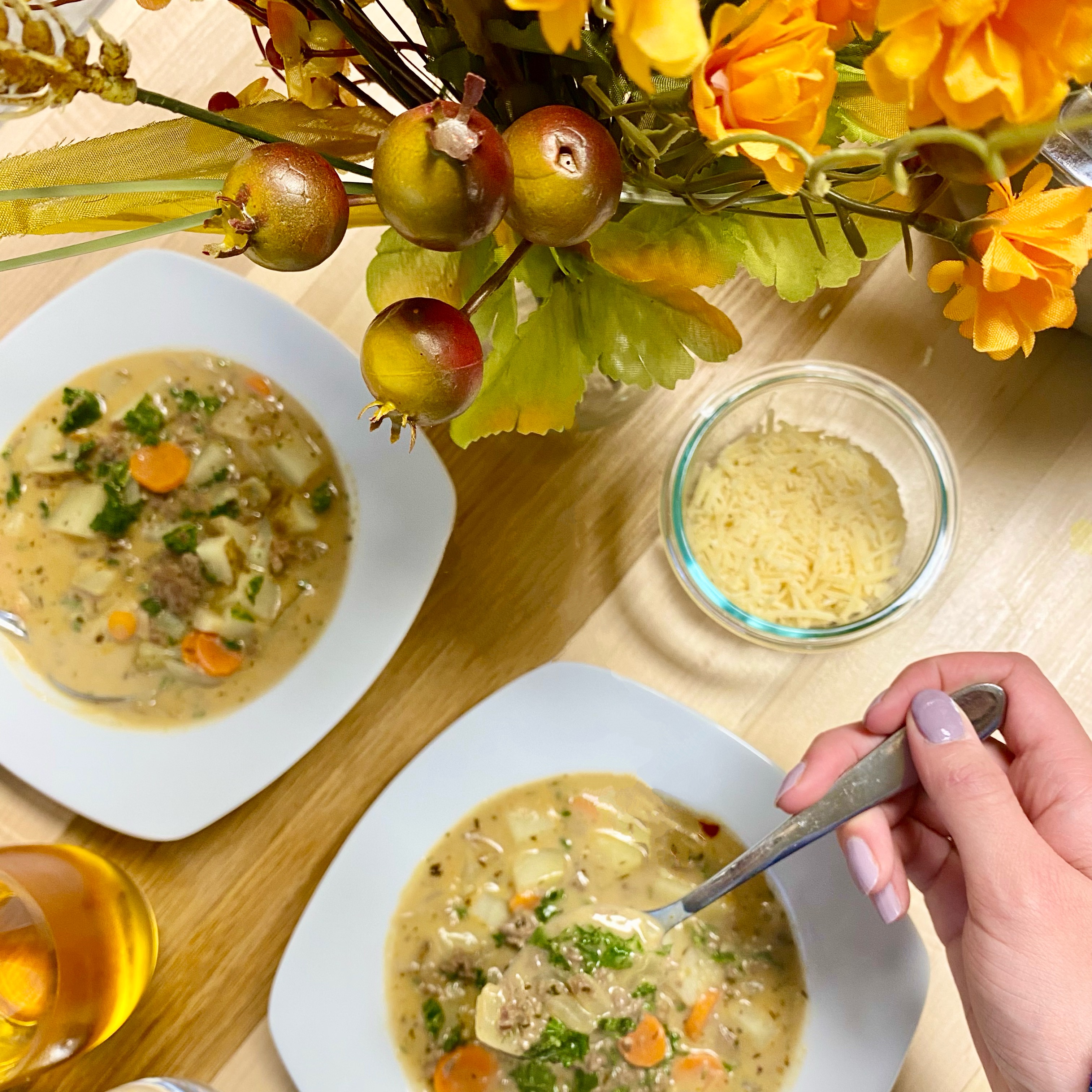 two bowls of zuppa Toscana