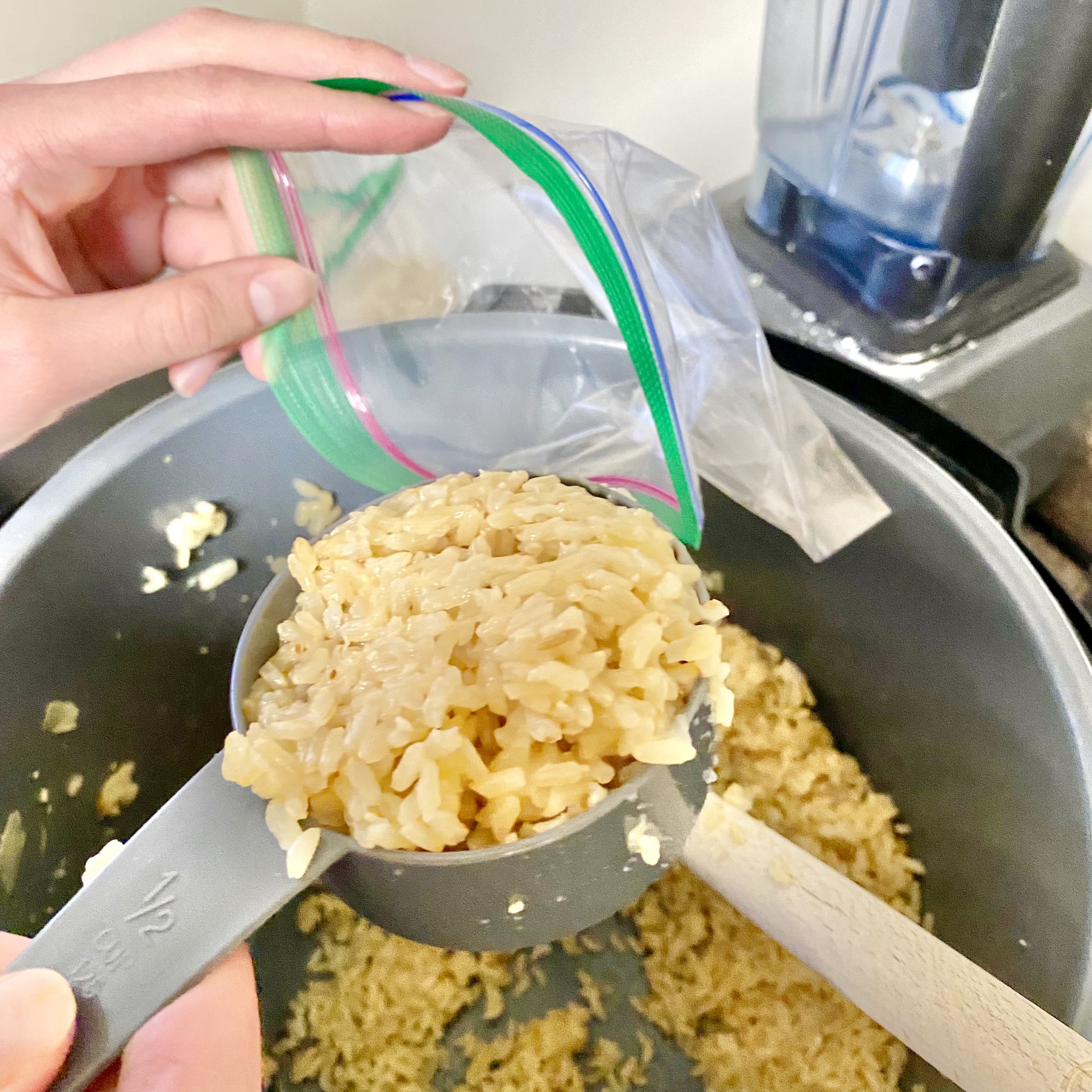 brown rice in a bowl with a fork