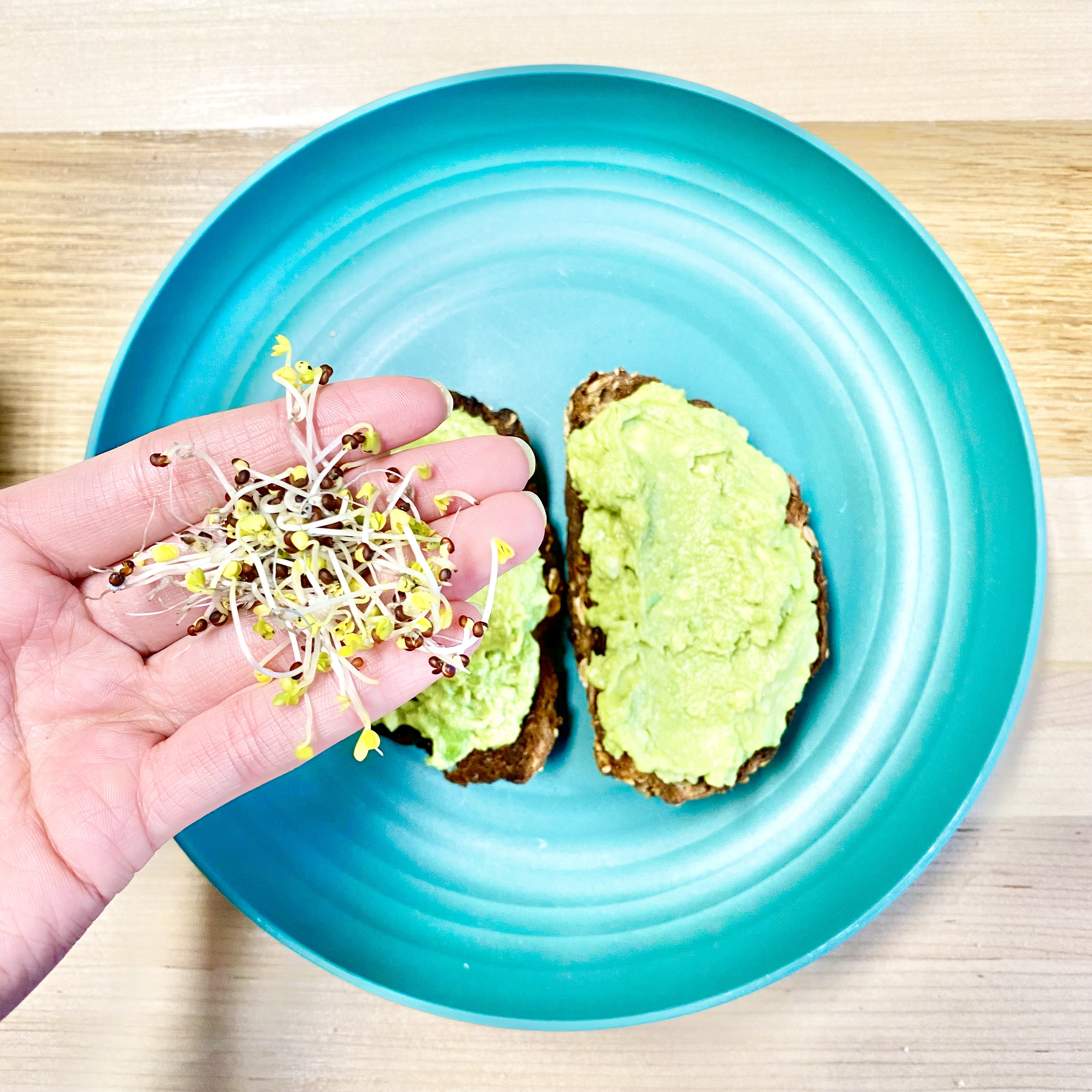 2 pieces of toast on a blue plate