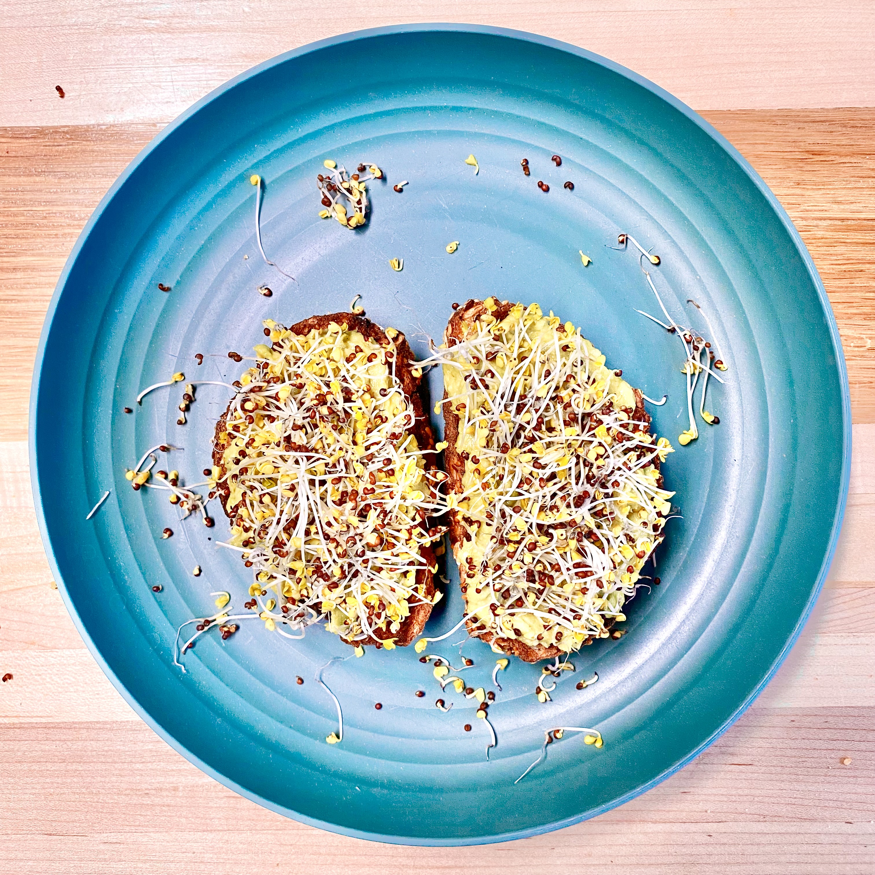 2 pieces of toast on a blue plate