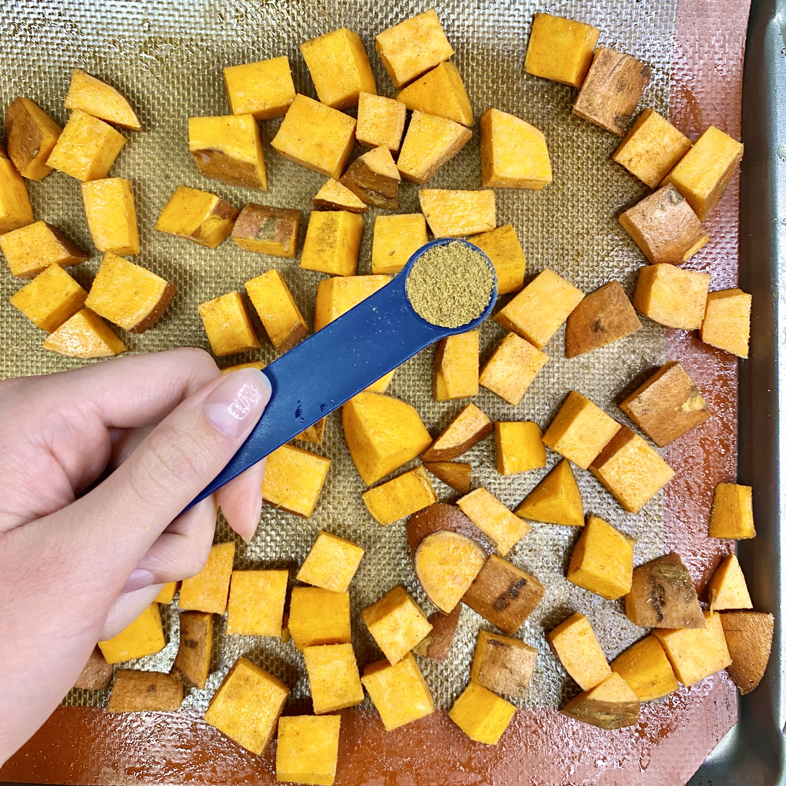 sweet potato, chicken, and hummus salad bowl