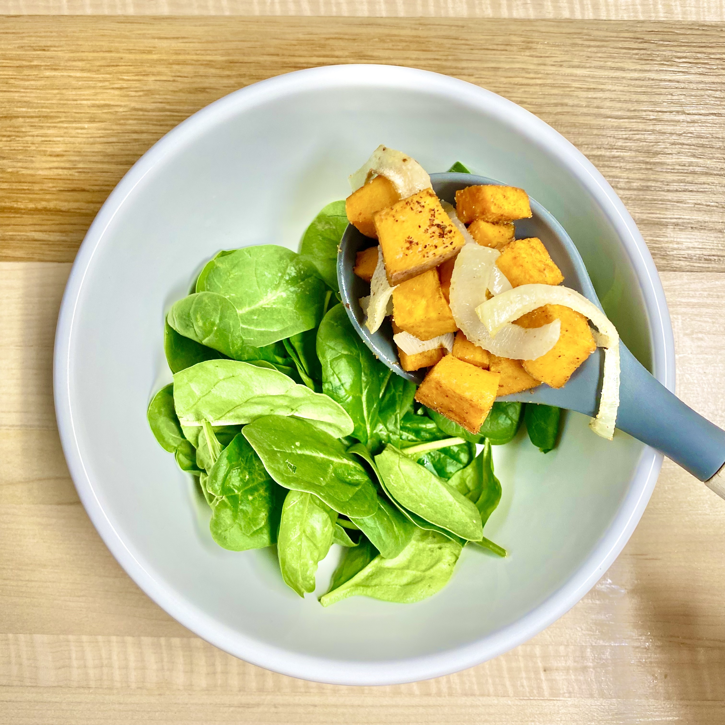 sweet potato, chicken, and hummus salad bowl