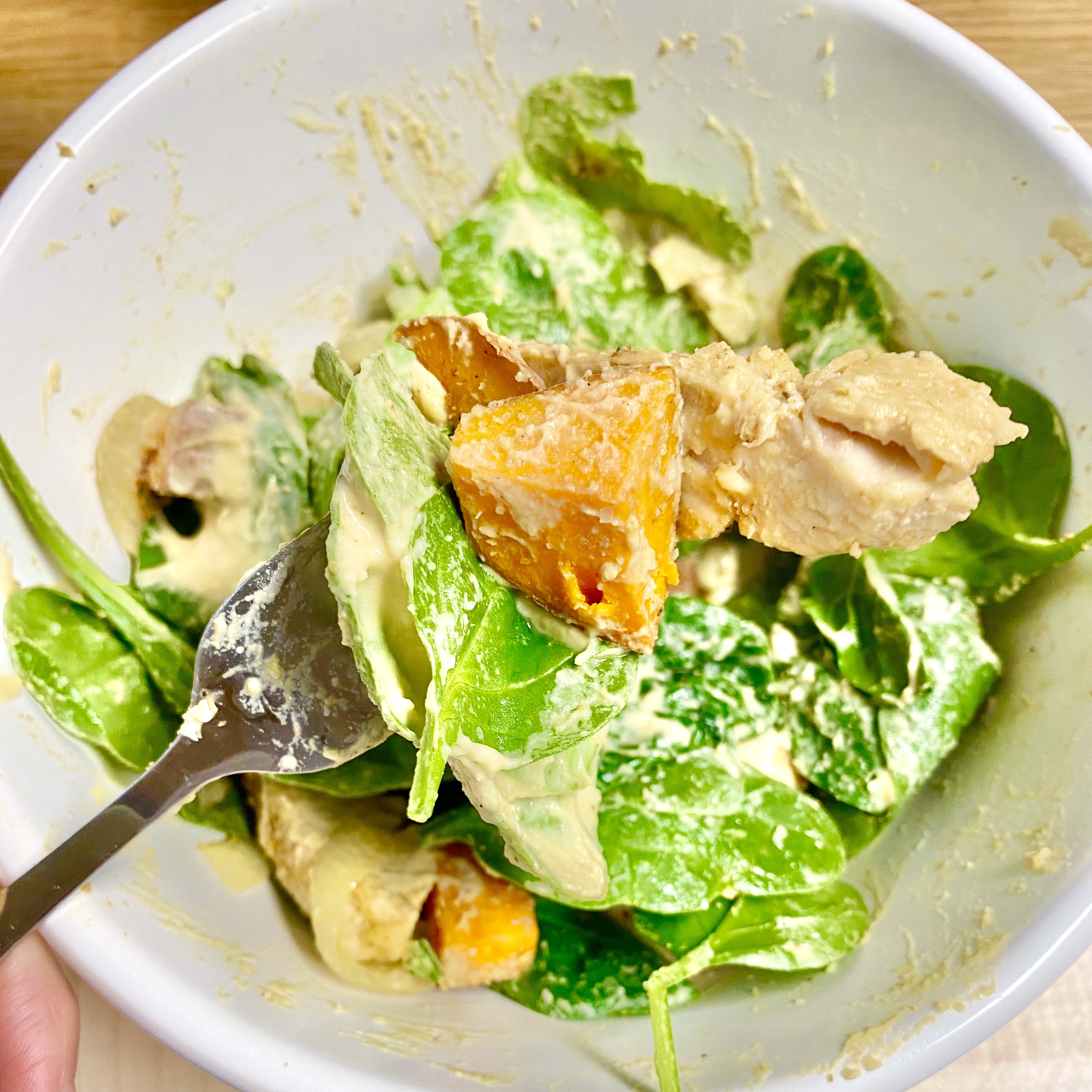 sweet potato, chicken, and hummus salad bowl