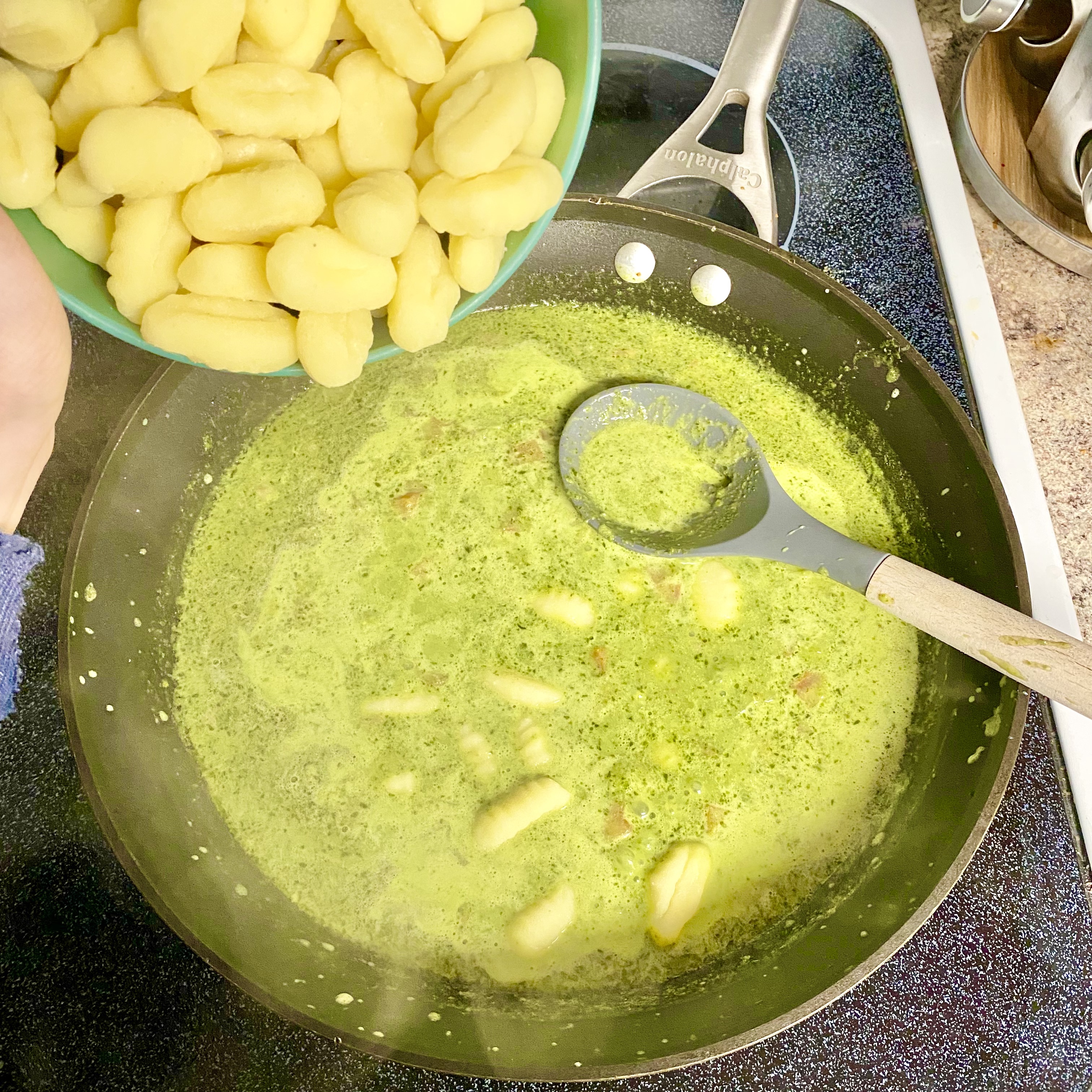 pesto chicken gnocchi in a bowl