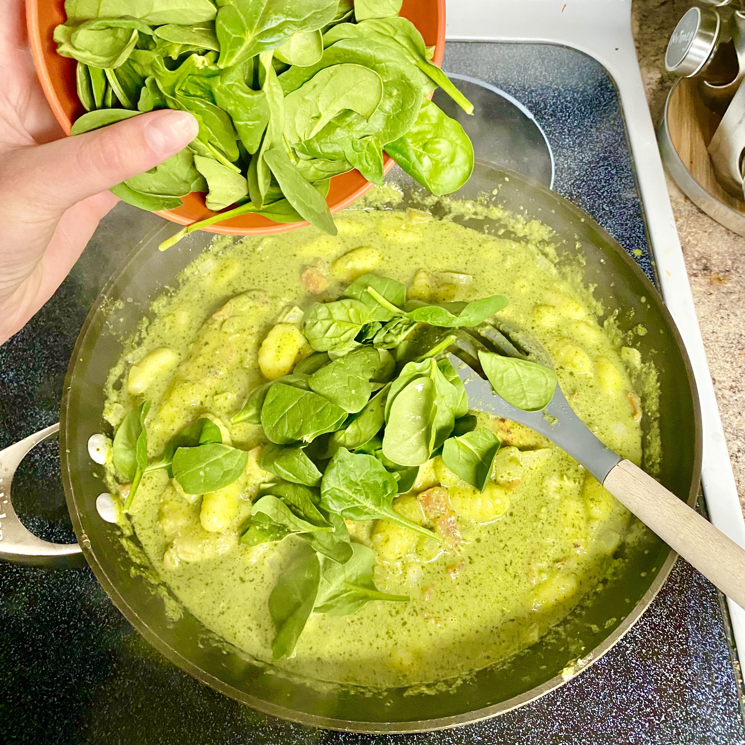 pesto chicken gnocchi in a bowl