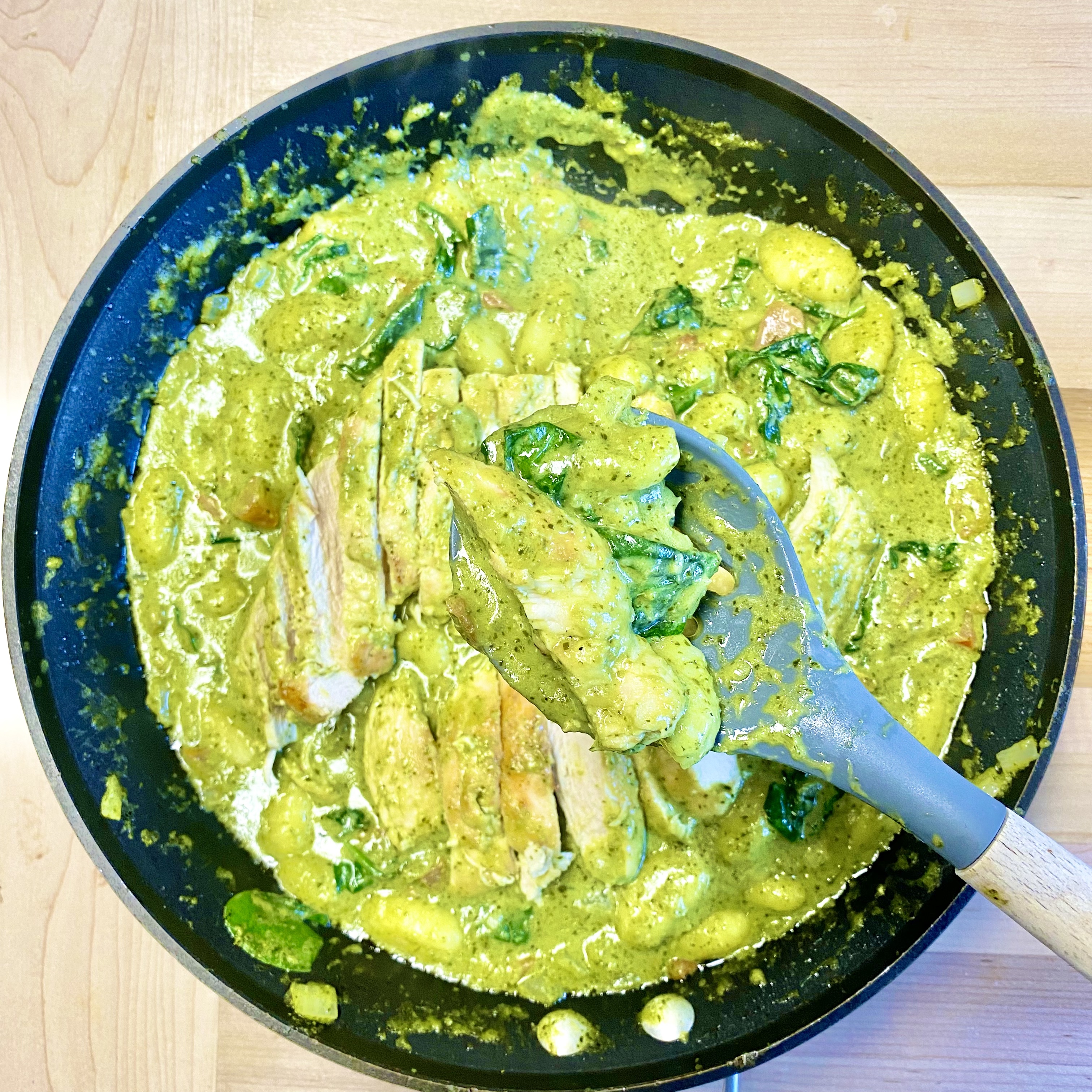 pesto chicken gnocchi in a bowl