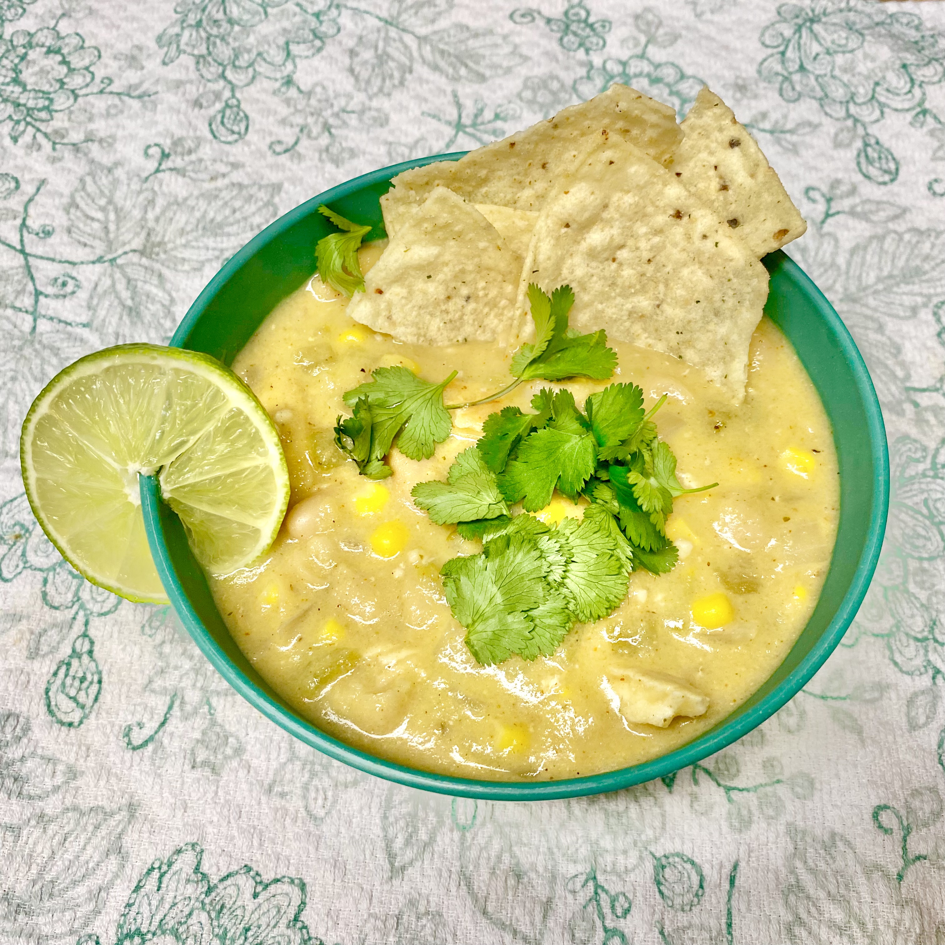 Bowl of white chicken chili