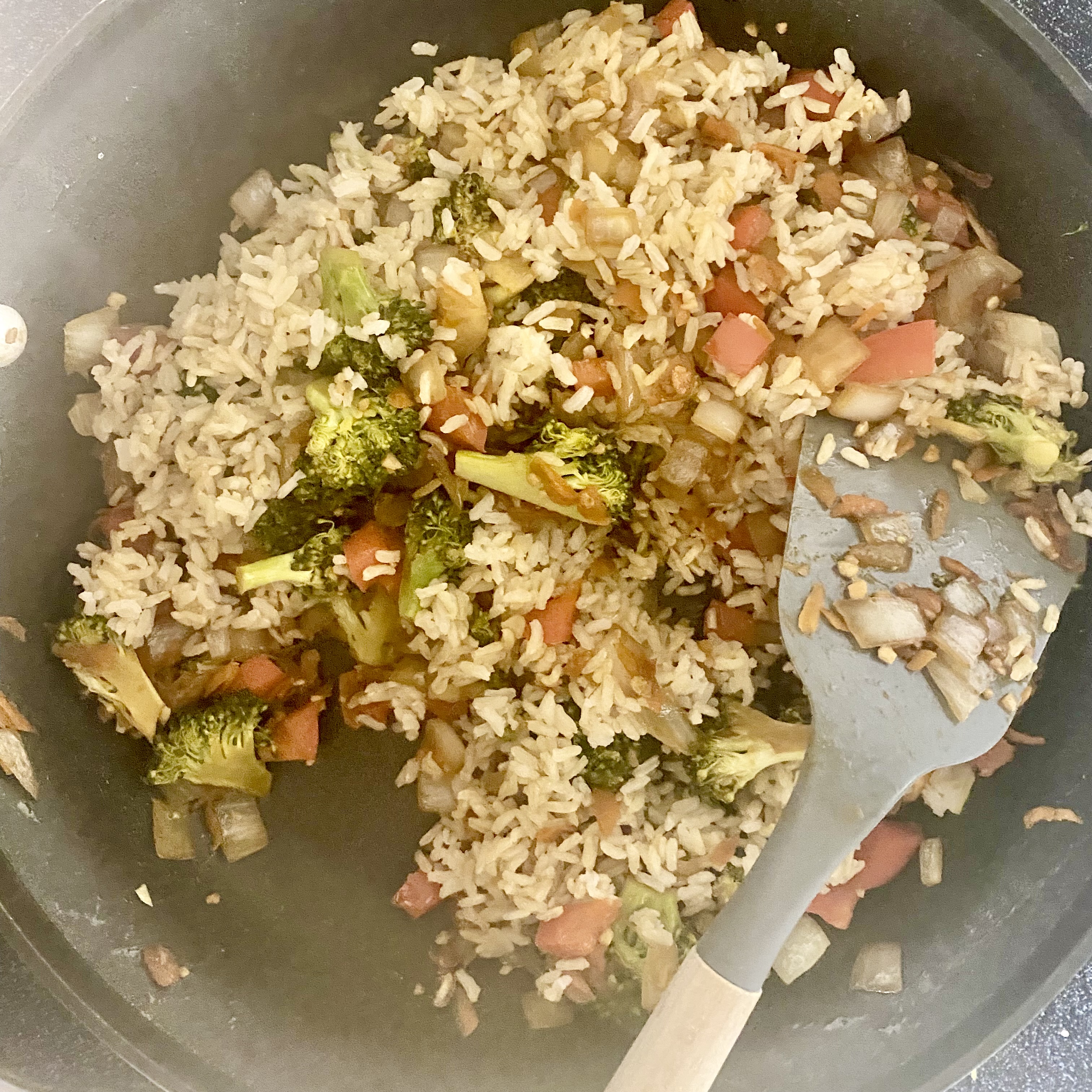 Skillet filled with fried rice