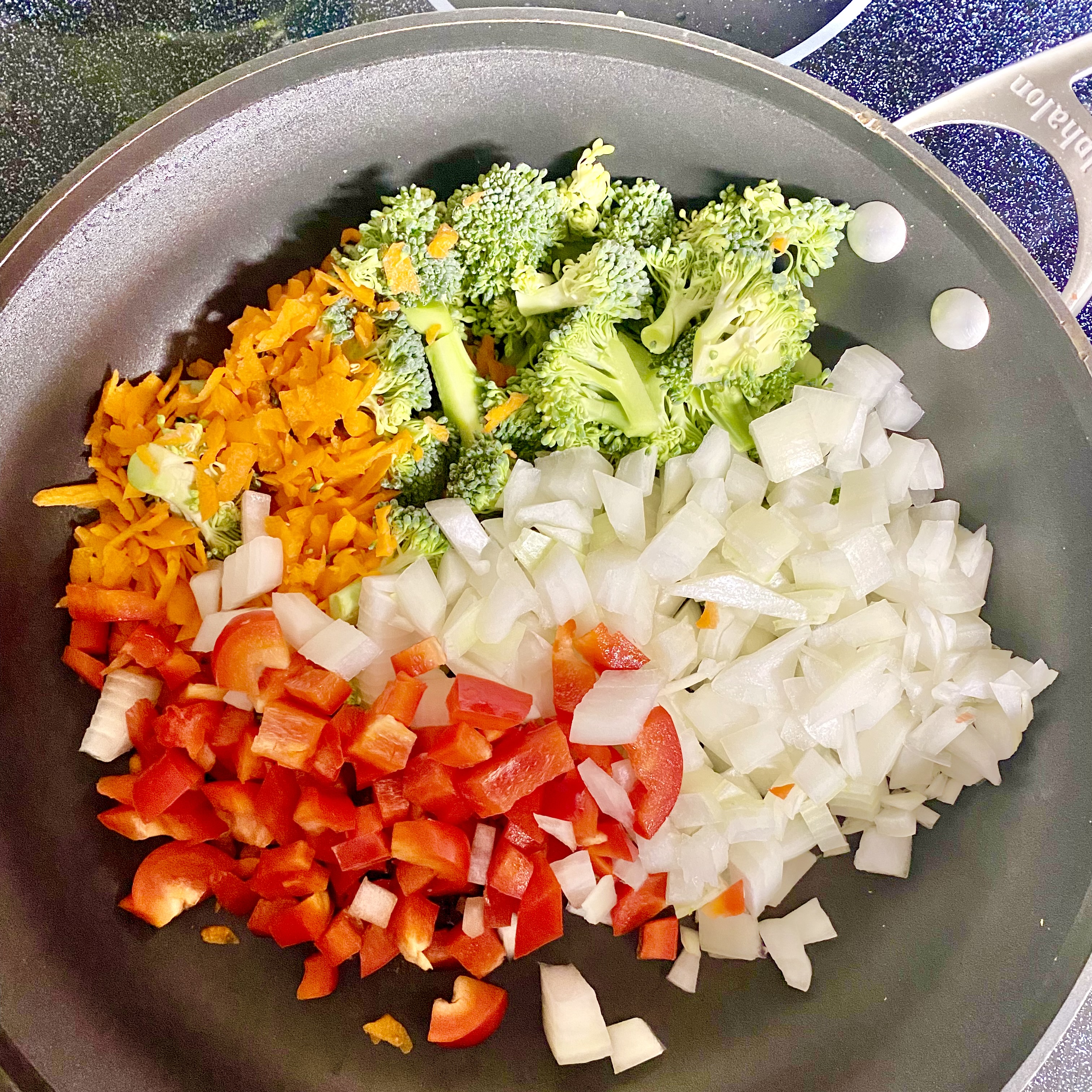 Skillet filled with fried rice